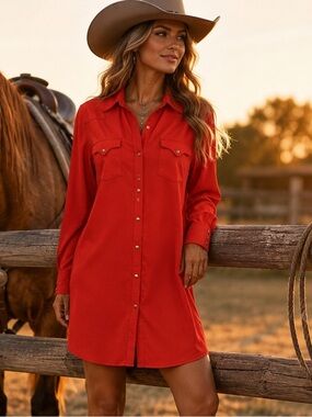 Women's Cowgirl Justice red orange  Button-Front Shirt Dress with Chest Pockets